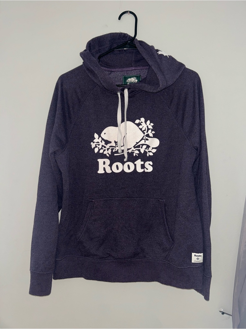 Roots Women's dark purple crewneck hoodie with White Logo